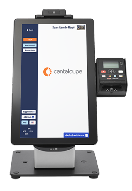 A professional using a tap-to-pay frictionless checkout kiosk at a Viola Vending corporate micro-market in Denver, Colorado.