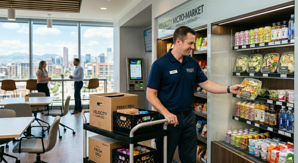 The Viola Vending team stocking a custom micro-market and smart vending machines in a Denver corporate breakroom.