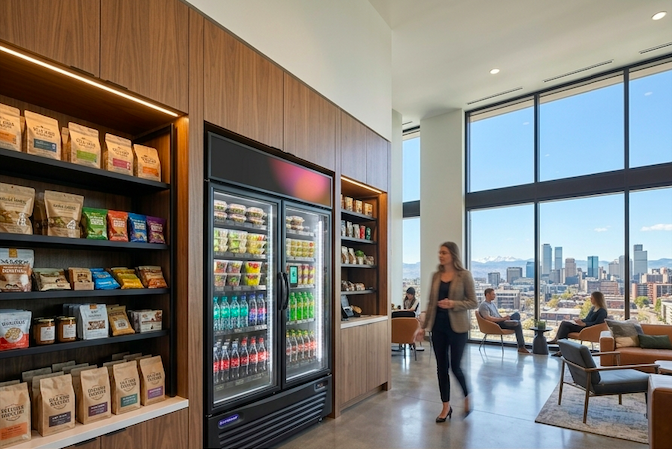A custom, zero-cost micro-market featuring smart fridges and a frictionless tap-to-pay kiosk installed in a Denver luxury apartment building by Viola Vending.