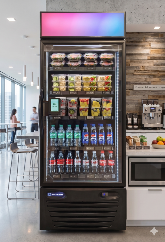 The Evolution of the Denver Breakroom A modern, cashless smart vending machine installed in a Denver manufacturing breakroom by Viola Vending, fully stocked with fresh snacks and cold beverages.